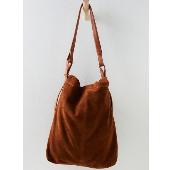 Free People Roswell Boho Slouchy Suede Leather Messenger Bag Tote Cognac Brown - Picture 9 of 16